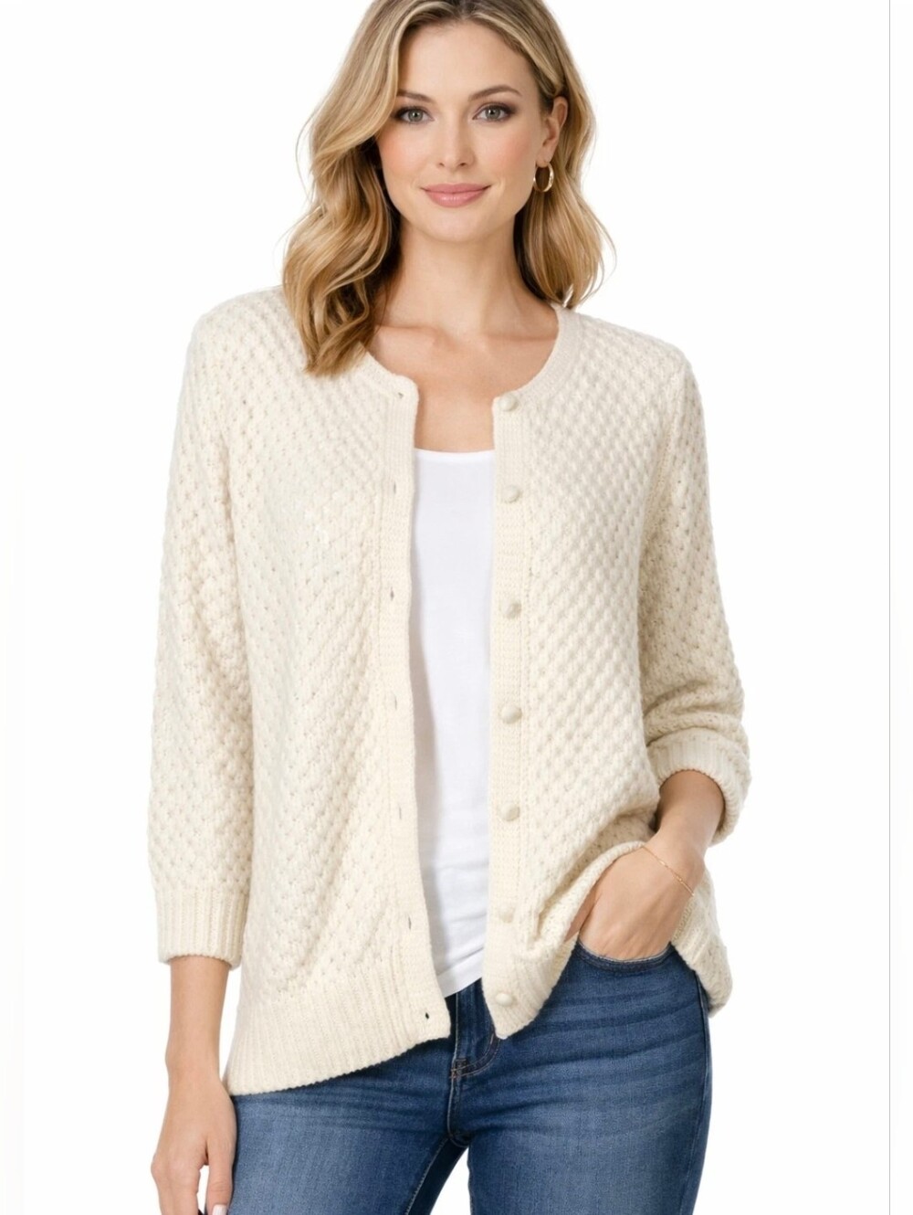 LL Bean Angora Wool Cardigan Size Large Popcorn Bobble Ivory Minimalist Neutral